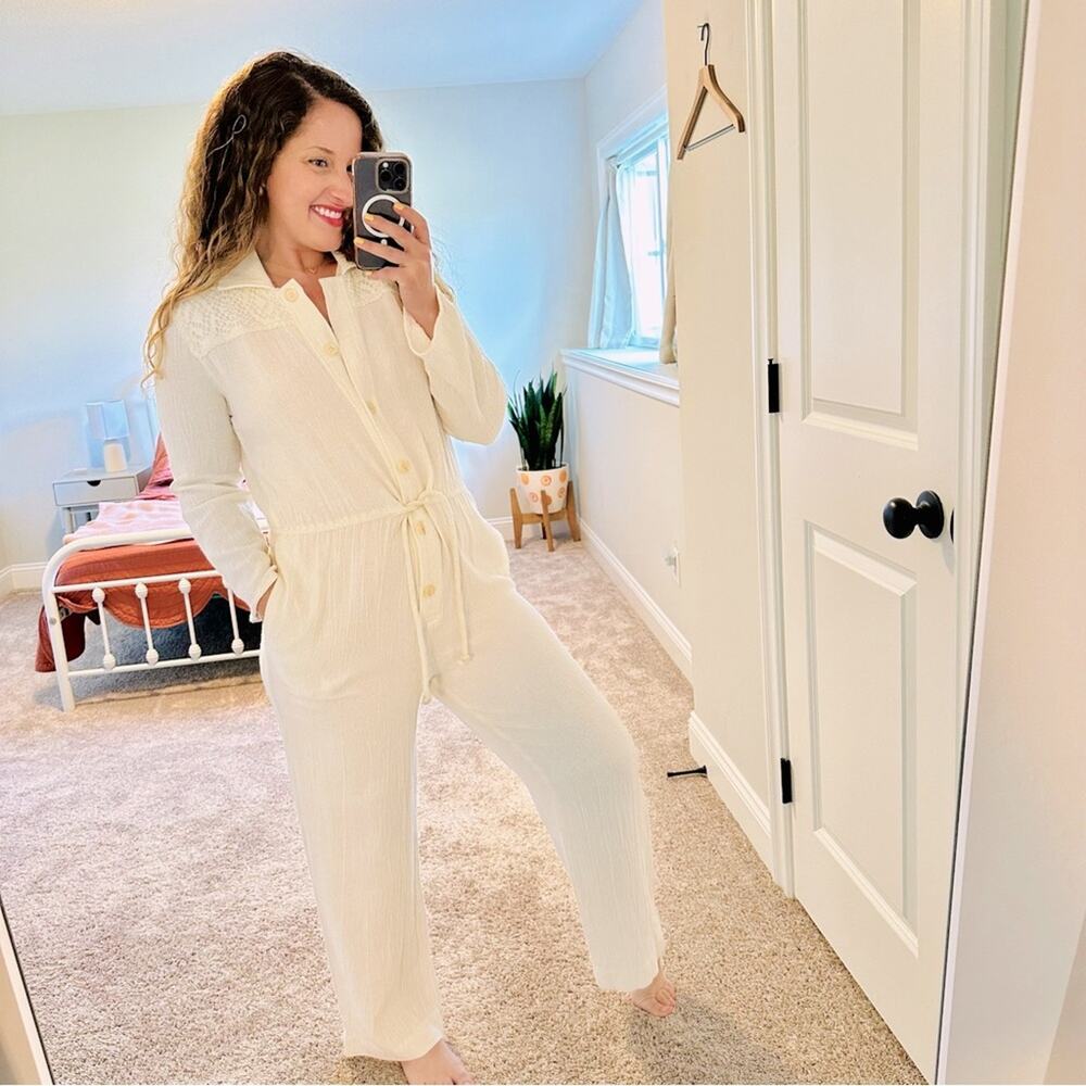 Vintage Caron Cream White Lace Gauze Jumpsuit 8
